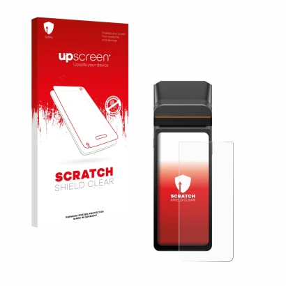 Parte frontale di una confezione del prodotto con il logo del marchio upscreen. Accanto è raffigurato il dispositivo Sunmi V3H