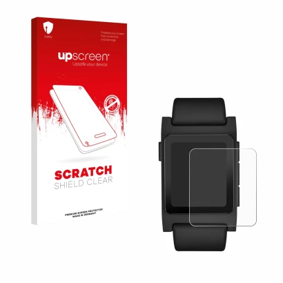 Parte frontale di una confezione del prodotto con il logo del marchio upscreen. Accanto è raffigurato il dispositivo Pebble 2