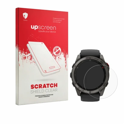 Parte frontale di una confezione del prodotto con il logo del marchio upscreen. Accanto è raffigurato il dispositivo Garmin Fe