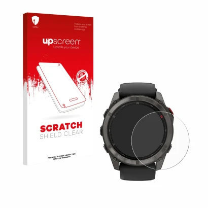 Parte frontale di una confezione del prodotto con il logo del marchio upscreen. Accanto è raffigurato il dispositivo Garmin Fe