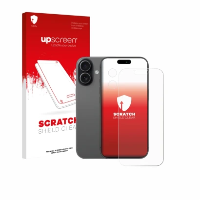 Parte frontale di una confezione del prodotto con il logo del marchio upscreen. Accanto è raffigurato il dispositivo Apple iPh