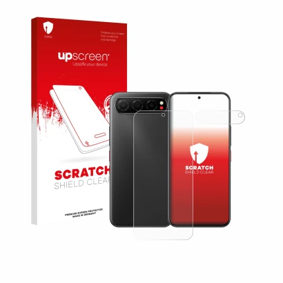 Parte frontale di una confezione del prodotto con il logo del marchio upscreen. Accanto è raffigurato il dispositivo Nubia Air