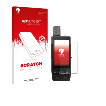 Parte frontale di una confezione del prodotto con il logo del marchio upscreen. Accanto è raffigurato il dispositivo Garmin GP