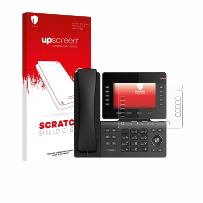 Parte frontale di una confezione del prodotto con il logo del marchio upscreen. Accanto è raffigurato il dispositivo Snom D865