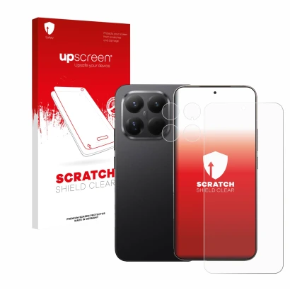 Parte frontale di una confezione del prodotto con il logo del marchio upscreen. Accanto è raffigurato il dispositivo Xiaomi 15