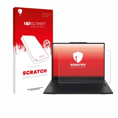 Parte frontale di una confezione del prodotto con il logo del marchio upscreen. Accanto è raffigurato il dispositivo Lenovo Th