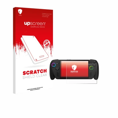 Parte frontale di una confezione del prodotto con il logo del marchio upscreen. Accanto è raffigurato il dispositivo ASUS ROG