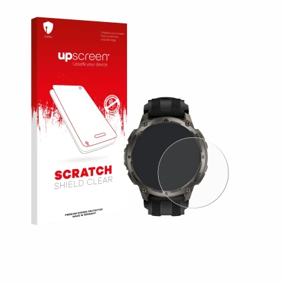Parte frontale di una confezione del prodotto con il logo del marchio upscreen. Accanto è raffigurato il dispositivo Kospet Ta