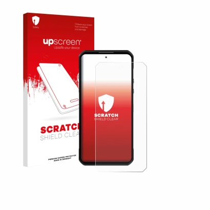 Parte frontale di una confezione del prodotto con il logo del marchio upscreen. Accanto è raffigurato il dispositivo Oukitel W