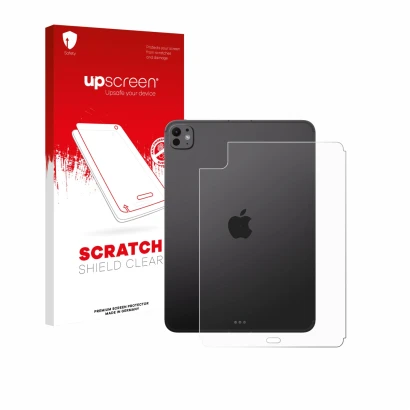 Parte frontale di una confezione del prodotto con il logo del marchio upscreen. Accanto è raffigurato il dispositivo Apple iPa