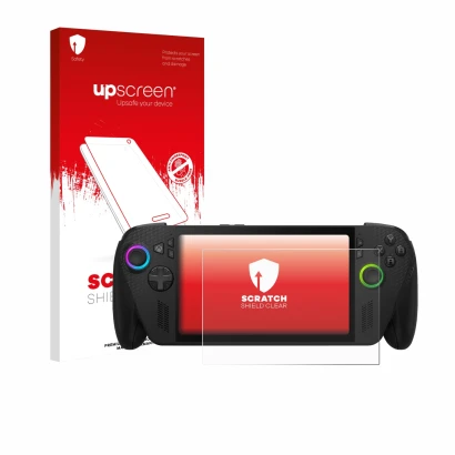 Parte frontale di una confezione del prodotto con il logo del marchio upscreen. Accanto è raffigurato il dispositivo ASUS ROG 