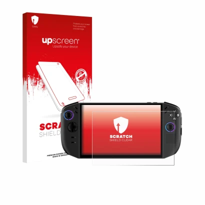 Parte frontale di una confezione del prodotto con il logo del marchio upscreen. Accanto è raffigurato il dispositivo Lenovo Le