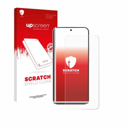 Parte frontale di una confezione del prodotto con il logo del marchio upscreen. Accanto è raffigurato il dispositivo Oppo Reno