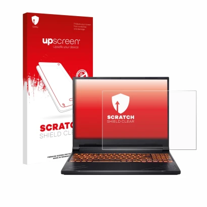 Parte frontale di una confezione del prodotto con il logo del marchio upscreen. Accanto è raffigurato il dispositivo Acer Nitr