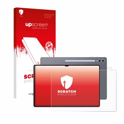 Parte frontale di una confezione del prodotto con il logo del marchio upscreen. Accanto è raffigurato il dispositivo Samsung G