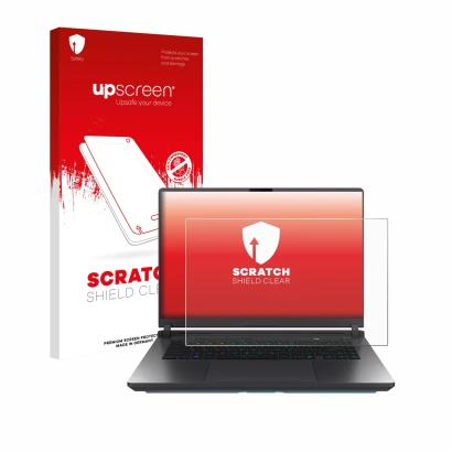 Parte frontale di una confezione del prodotto con il logo del marchio upscreen. Accanto è raffigurato il dispositivo ASUS ROG 