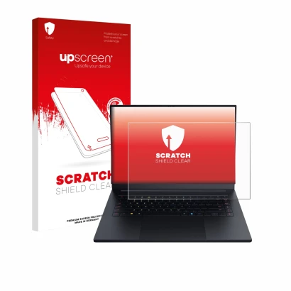 Parte frontale di una confezione del prodotto con il logo del marchio upscreen. Accanto è raffigurato il dispositivo Razer Bla