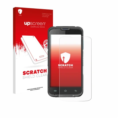 Parte frontale di una confezione del prodotto con il logo del marchio upscreen. Accanto è raffigurato il dispositivo Unitech E