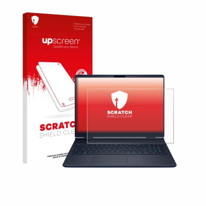Parte frontale di una confezione del prodotto con il logo del marchio upscreen. Accanto è raffigurato il dispositivo Dell Alie