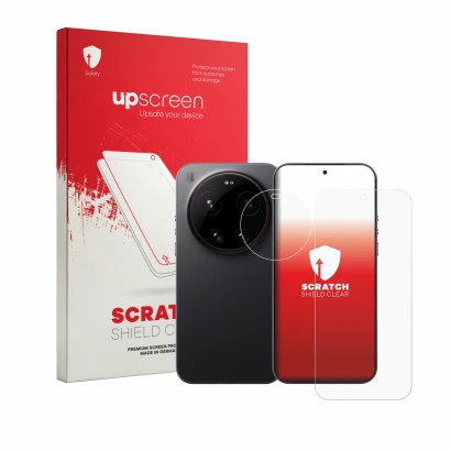 Parte frontale di una confezione del prodotto con il logo del marchio upscreen. Accanto è raffigurato il dispositivo Xiaomi 17