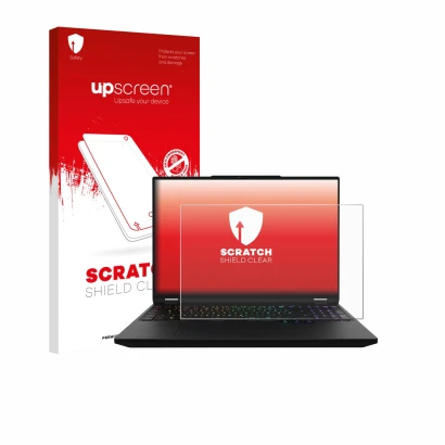 Parte frontale di una confezione del prodotto con il logo del marchio upscreen. Accanto è raffigurato il dispositivo XMG Apex