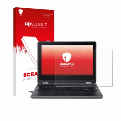 Parte frontale di una confezione del prodotto con il logo del marchio upscreen. Accanto è raffigurato il dispositivo Acer Chro