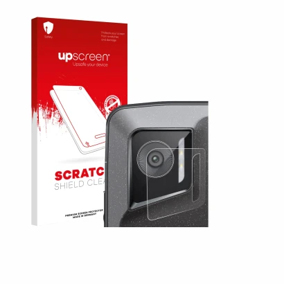 Parte frontale di una confezione del prodotto con il logo del marchio upscreen. Accanto è raffigurato il dispositivo Crosscall