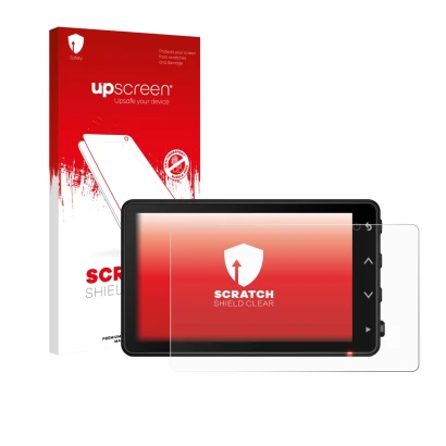 Parte frontale di una confezione del prodotto con il logo del marchio upscreen. Accanto è raffigurato il dispositivo Garmin Ca