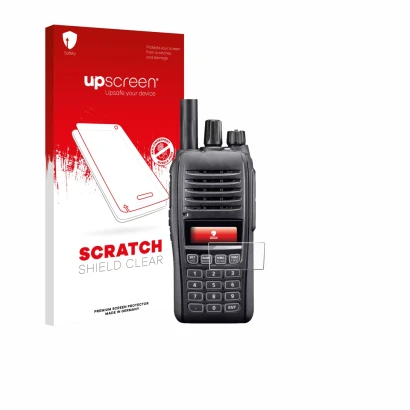 Parte frontale di una confezione del prodotto con il logo del marchio upscreen. Accanto è raffigurato il dispositivo Icom IC-T