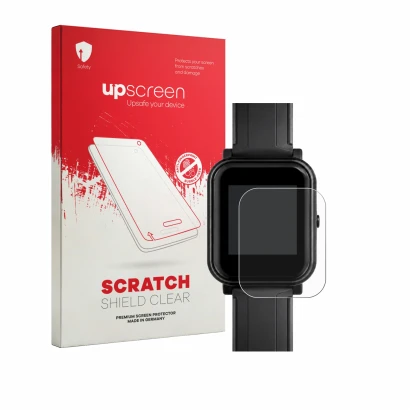 Parte frontale di una confezione del prodotto con il logo del marchio upscreen. Accanto è raffigurato il dispositivo Bangle.js