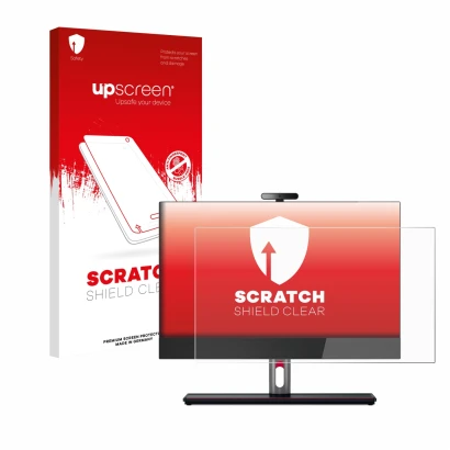 Parte frontale di una confezione del prodotto con il logo del marchio upscreen. Accanto è raffigurato il dispositivo Lenovo Th