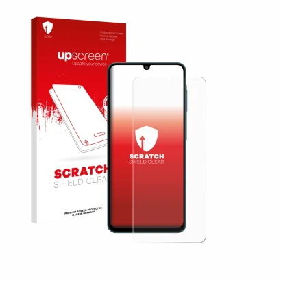 Parte frontale di una confezione del prodotto con il logo del marchio upscreen. Accanto è raffigurato il dispositivo Samsung G