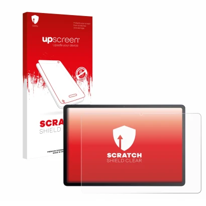 Parte frontale di una confezione del prodotto con il logo del marchio upscreen. Accanto è raffigurato il dispositivo TCL Tab A