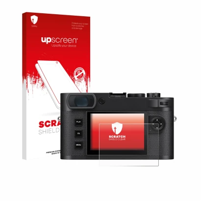 Parte frontale di una confezione del prodotto con il logo del marchio upscreen. Accanto è raffigurato il dispositivo Leica M E