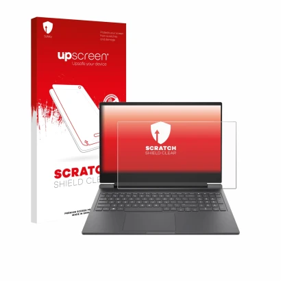 Parte frontale di una confezione del prodotto con il logo del marchio upscreen. Accanto è raffigurato il dispositivo HP Victus