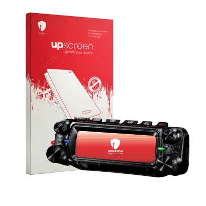 Parte frontale di una confezione del prodotto con il logo del marchio upscreen. Accanto è raffigurato il dispositivo Yaesu FTM
