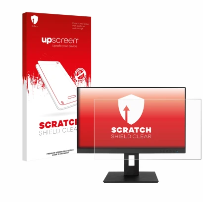 Parte frontale di una confezione del prodotto con il logo del marchio upscreen. Accanto è raffigurato il dispositivo ASUS BE24