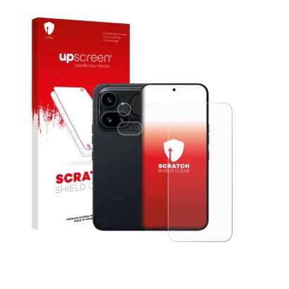 Parte frontale di una confezione del prodotto con il logo del marchio upscreen. Accanto è raffigurato il dispositivo Nothing P