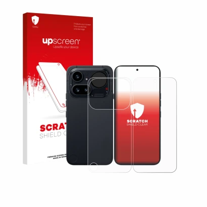 Parte frontale di una confezione del prodotto con il logo del marchio upscreen. Accanto è raffigurato il dispositivo Nothing P