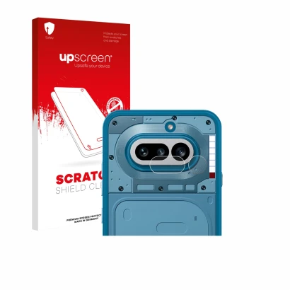 Parte frontale di una confezione del prodotto con il logo del marchio upscreen. Accanto è raffigurato il dispositivo Nothing P