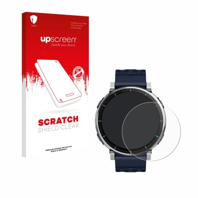Parte frontale di una confezione del prodotto con il logo del marchio upscreen. Accanto è raffigurato il dispositivo Amazfit A