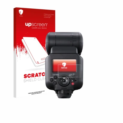 Parte frontale di una confezione del prodotto con il logo del marchio upscreen. Accanto è raffigurato il dispositivo Canon Spe