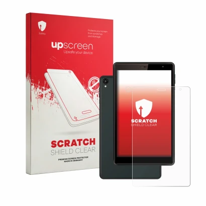 Parte frontale di una confezione del prodotto con il logo del marchio upscreen. Accanto è raffigurato il dispositivo Logicom T