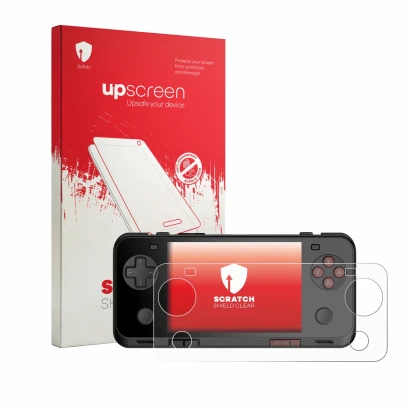 Parte frontale di una confezione del prodotto con il logo del marchio upscreen. Accanto è raffigurato il dispositivo Ayaneo Po