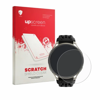 Parte frontale di una confezione del prodotto con il logo del marchio upscreen. Accanto è raffigurato il dispositivo Amazfit C
