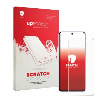 Parte frontale di una confezione del prodotto con il logo del marchio upscreen. Accanto è raffigurato il dispositivo Oukitel C