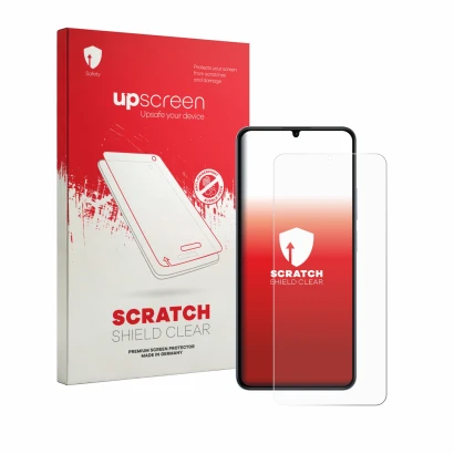 Parte frontale di una confezione del prodotto con il logo del marchio upscreen. Accanto è raffigurato il dispositivo realme No