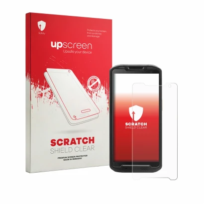 Parte frontale di una confezione del prodotto con il logo del marchio upscreen. Accanto è raffigurato il dispositivo Point Mob
