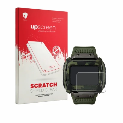 Parte frontale di una confezione del prodotto con il logo del marchio upscreen. Accanto è raffigurato il dispositivo Timex Com