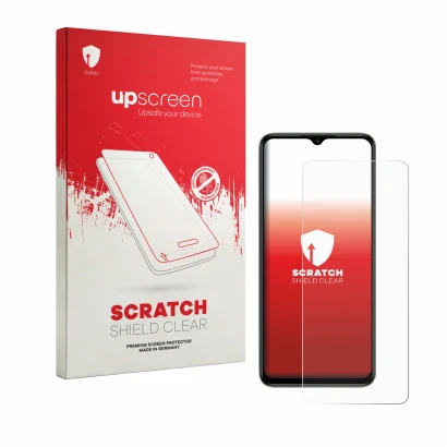 Parte frontale di una confezione del prodotto con il logo del marchio upscreen. Accanto è raffigurato il dispositivo Itel Zeno